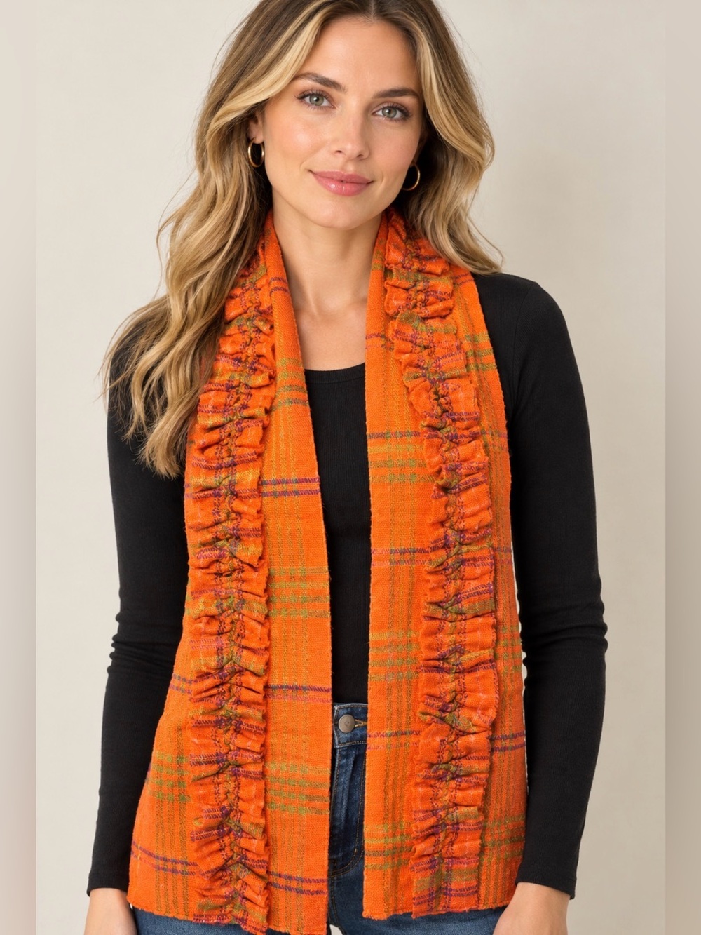 Echo Women's Fall Orange Green Ruffle Plaid Scarf SM 162